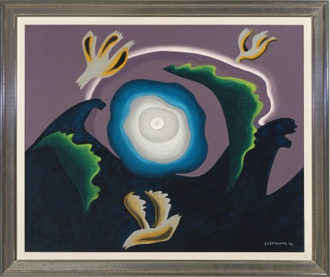 Painting of bold biomorphic forms - central blobby white circle with turquoise aura with green branch like arms surrounding and white dove forms flying above