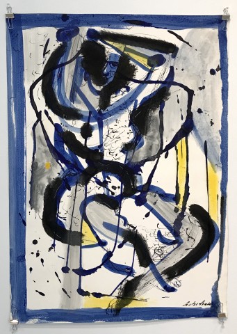 Abstract blotchy color drawing of ink on paper. Black, blue, yellow highlights