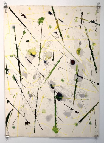 Abstract blotchy color drawing of ink on paper. Green, black, yellow highlights