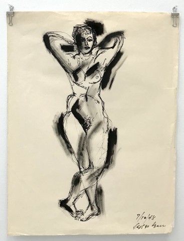Ink on paper drawing of a nude woman with her hands behind her head