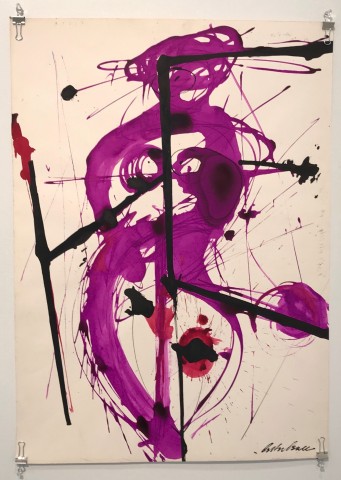 Abstract blotchy color drawing of ink on paper. Purple, black highlights