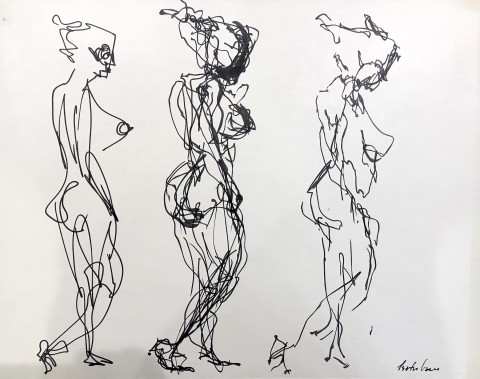 Ink on paper drawing of three nude female forms profile
