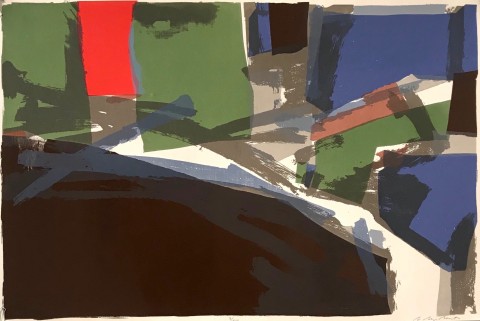 Abstract and painterly serigraph print with multi-color overlays of green and blue over a black base