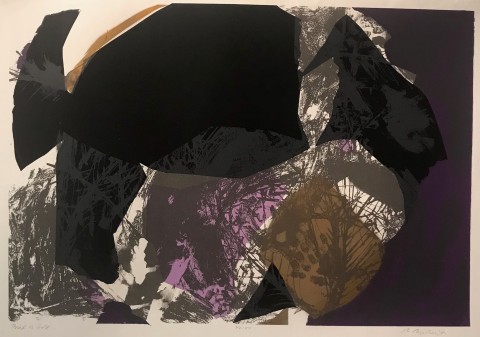 Abstract and painterly serigraph print with multi-color overlays of black over a grey, white branch like base