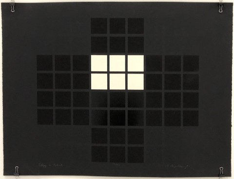 Graphic serigraph print in black on black of a grid with six white squares