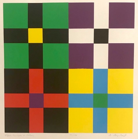 Graphic serigraph print of four fields of design each with a cross shape of color - quilt like