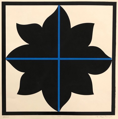 Graphic serigraph print of bold floral shape in black with a bright blue thin lined cross directing the form