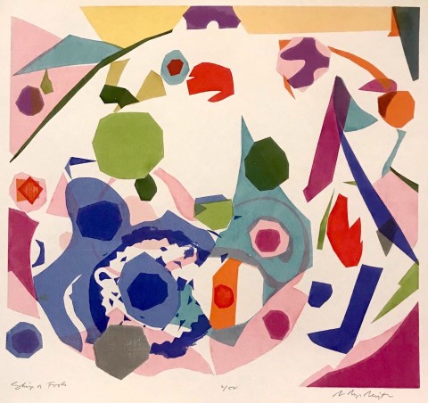 Graphic serigraph print of fluid shapes of solid color emanating around a central field. Blues, pinks, yellow, green.