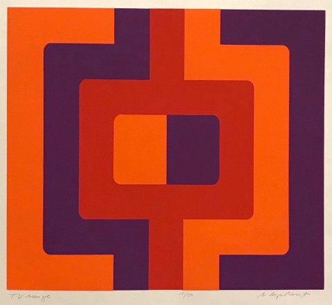 Graphic serigraph print of alternating bold lines of orange and purple to create a surround around a central rectangular shape