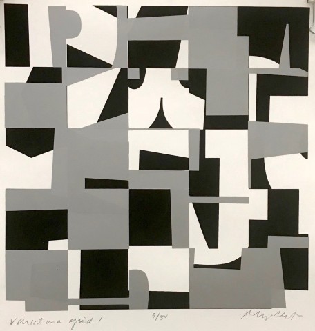 Graphic serigraph print of multi shades of white, grey, black overlays with an underlying grid pattern 