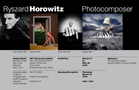 Exhibition graphic with text 'Ryszard Horowitz, Photocomposer. Four thumbnail images of photographs, portrait of a man, woman cut in two, woman modeling a large ring, two naked people standing on a piano keyboard.