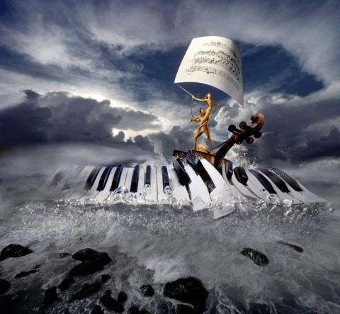 Manipulated photographic image of a naked man and woman holding a large sheet music paper while standing on a piano key board that is splitting open on a turbulent ocean