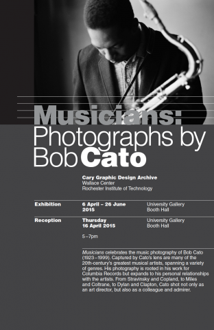 Graphic exhibition poster with text ' Musicians:Photographs by Bob Cato' Blackj and white image of man - John Coltrane - with bowed head holding a saxaphone.