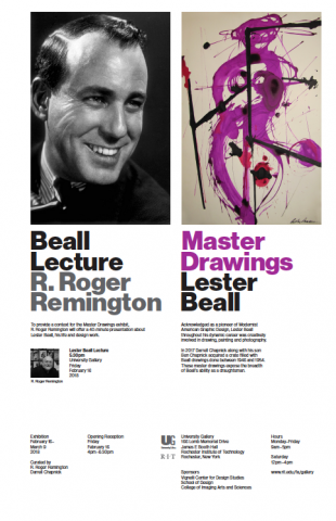 Exhibition graphic with text ' Master Drawings by Lester Beall, Beall Lecture R.Roger Remington with photo portrait of Lester Beall and a purple and black abstract ink drawing