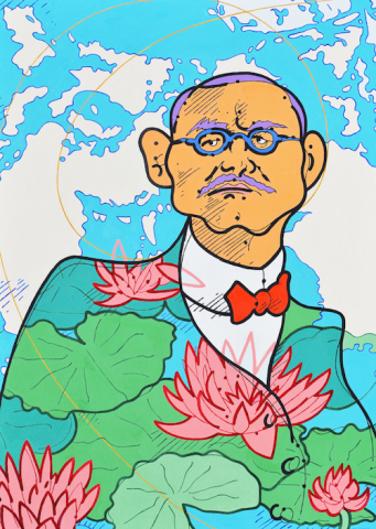 Colorful, cartoonish characature of blue-bespeckled and purple-mustached Herman Hesse wearing a lotus flower patterned jacket and red bow tie in front of a global map background. 