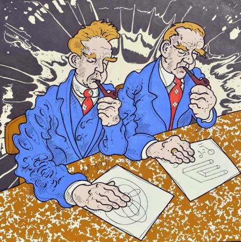 Colorful, cartoonish characature of two bushy eye-browed, blue suited, red tie wearing men seated side by side smoking pipes and drawing sketches. A graphic explosion of grey and white background.