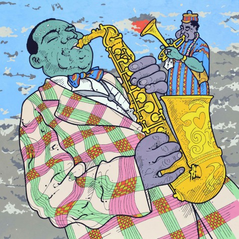 Colorful and cartoonish character of Louis Armstrong wearing a plaid jacket leaning back playing a saxophone from with a miniature man -  a characture of Dizzy Gillespie emerges playing a trumpet 