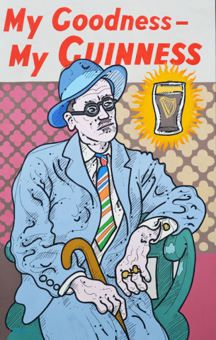 Colorful, cartoonish characature of bespeckled, blue fedora wearing James Joyce in a blue suit and striped tie seated holding a cane and gazing at a floating pint of draft beer. Text 'My Goodness, My Guiness' is in the background.