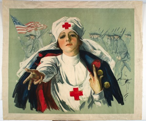 Poster image of a woman wearing a Red Cross nurses uniform reaching out toward the viewer with a sympathetic expression.