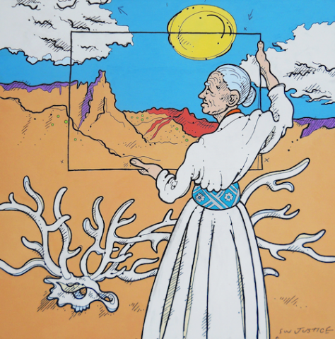 Colorful, cartoonish characature of white haired bun elderly Georgia O'Keefe standing and holding a rectangle form to virtually frame the western dessert landscape. of red rock hills, round yellow sun and blue sky.