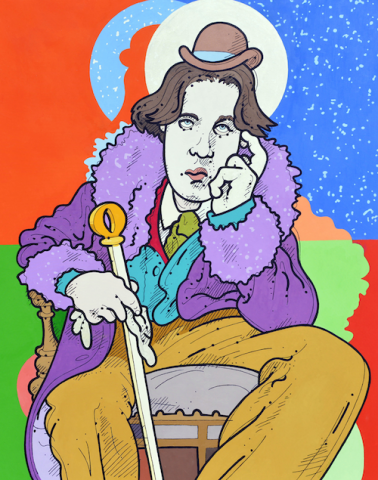Colorful, cartoonish characature of bowler wearing Oscar Wilde dressed in a purple fur collar and cuffed jacket seated and holding a staff. A moon aura surrounds his head with a stare sky background.