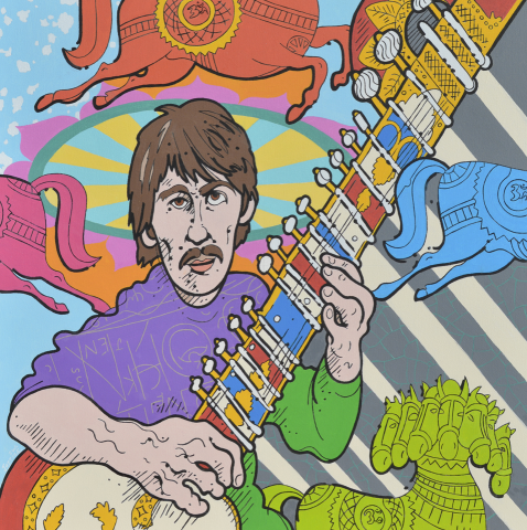 Colorful, cartoonish characature of George Harrison playing a multi colored sitar keyboard with dancing horse figures in the background.