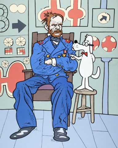 Colorful and cartoonish image of a bearded man in a US. General's blue military uniform seated in a chair with arms crossed. White dog with glasses and bow tie stands on a stool next to him