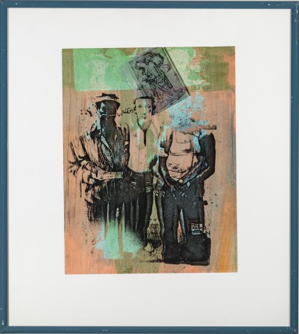 Color print of there male figures standing together in a blotchy background