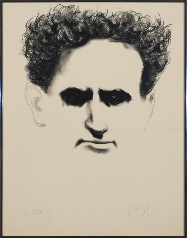 Pencil portrait drawing of Harry Houdini with dark eye sockets and frizzy hair that stands upright
