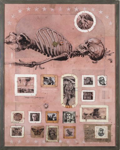 Print with reclining skeleton wearing a war medal with small images of soldiers and war scenes below all on a rose colored background