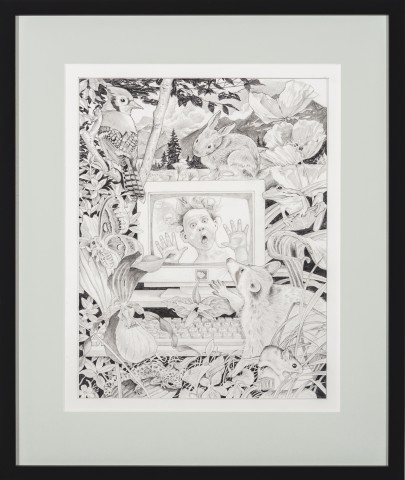 Line drawing illustration of a boy stuck inside a computer screen surrounded by wildlife, flora and fauna