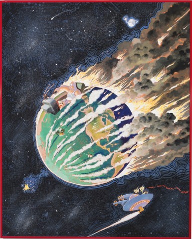 Color illustration of a man clutching a TV remote, seated in a lounge chair in front of a TV screen all on top of planet Earth that is shooting through space with streams of fire and smoke