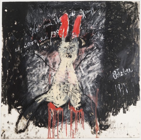 Scribbly black and white abstract image of a rabbit with red ears and drippy red paws
