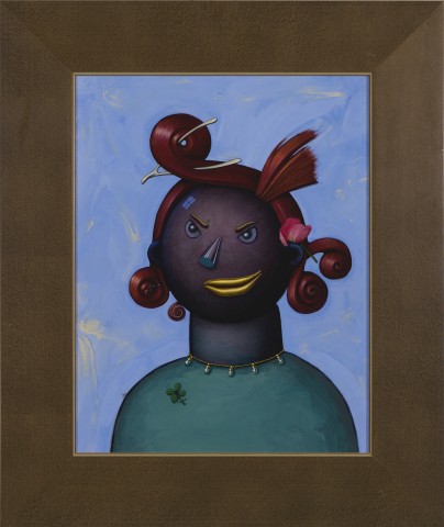 Cartoonish portrait of a girl with a purplish face, a cone nose, banana peel lips, caterpillar eyebrows and cited hairdo with a wishbone and rose stuck in.