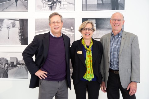 Three people posing for a photo in gallery - Andrew Franklin, Director Wendy Marks, Kevin Marks