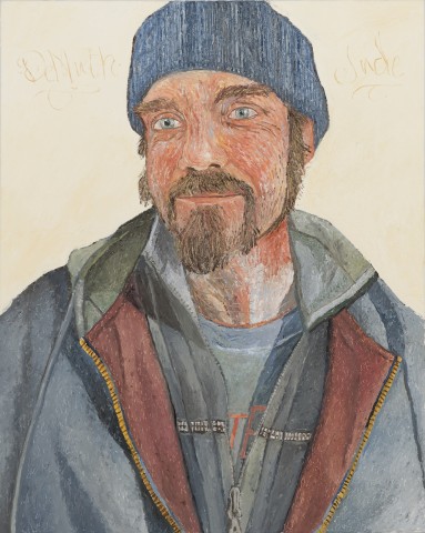 Painterly portrait of bearded man with cap and casual work jacket 