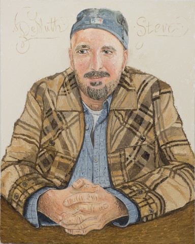 Painterly portrait of bearded man with cap and plaid shirt, folded hands 