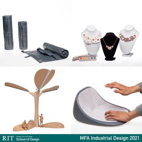 Images of industrial projects - safety blanket, sectional jewelry, social pod resembling a palm tree