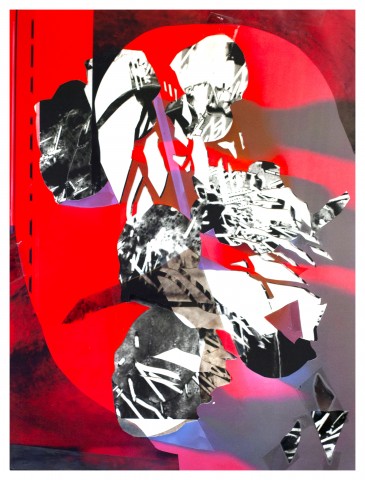 Multi-colored abstract mixed media collage with white and black forms floating on bright red background