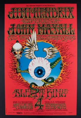 a poster with a bright red background with text 'Jimi Hendrix Experience, John Mayall' in a swirly font above a human eyeball with wings and snakey, reptile arms with claws holding a skull.