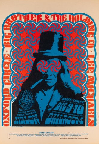 a poster in saturated colors and dense pinwheel psychedelic patterns in red and blue with text 'Big Brother and the Holding Company' above an image of a man wearing a top hat and smoking a joint.