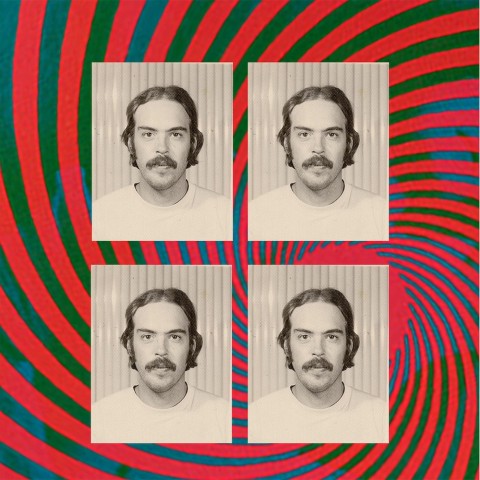 four black and white headshots of a young man super imposed over a swirling stripe pattern in red and blue.
