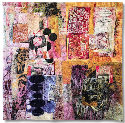 a painterly fabric quilt with areas of stratchy pinks, purples and orange and dark black geometric forms interplay with bulbous stacked black circles. 
