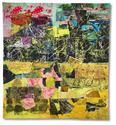 a painterly fabric quilt with areas of stratchy yellow, black and pink with dark black geometric forms interplay with bulbous red leaf forms. 