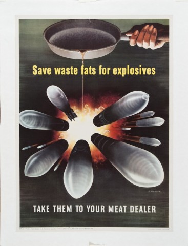 vintage WWII poster with a frying pan pouring liquid fat into an exploding fireball with the words 'Save waste fats for explosives'.