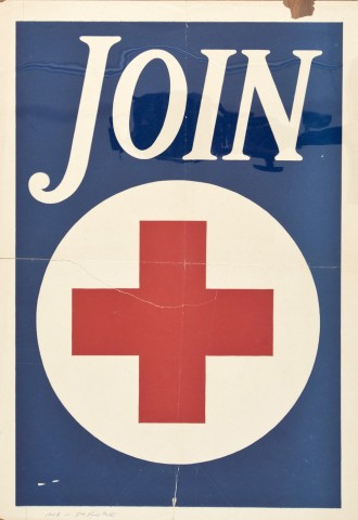 vintage WWI poster with a large Red Cross and the word 'JOIN' at the top.