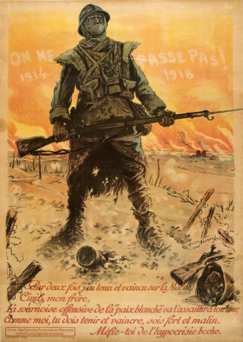 vintage WWI poster with soldier standing with rifle and bayonet.