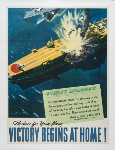 vintage WWII poster with an exploding aircraft on the deck of an aircraft carrier with the words 'Victory begins at home'.
