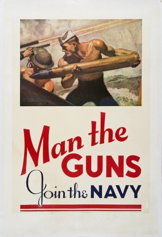 vintage WWI poster with a shirtless soldier loading a large shell into a canon.