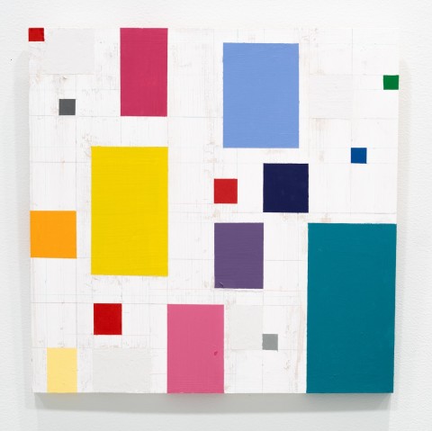 a square panel with blocks of color floating on white space based on a grid design.